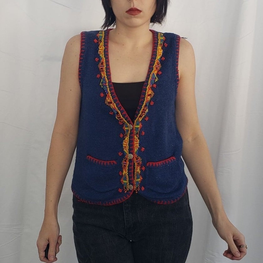 90s Blue Beaded Silk Sweater Vest